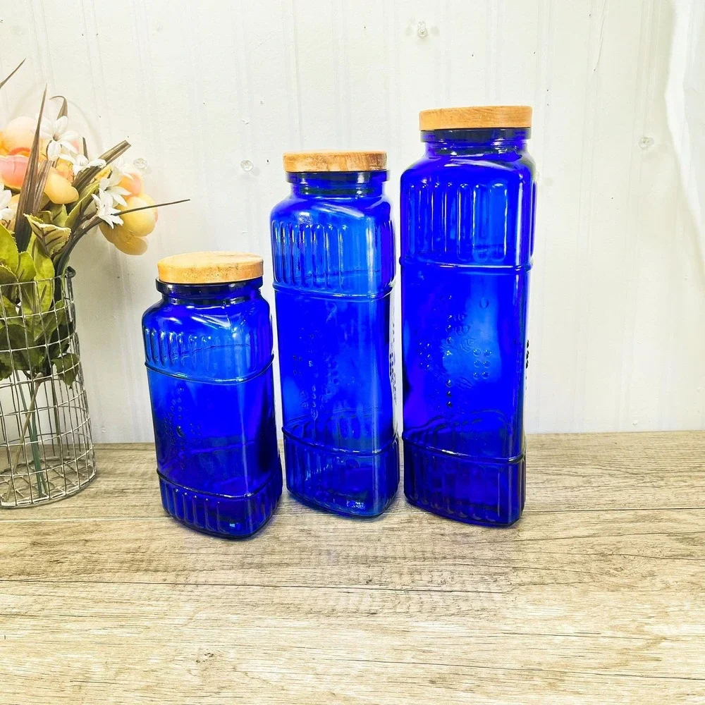 Vintage Cobalt Blue Canister Set of 3: Blue Glass Jars‎ with Wood Lids